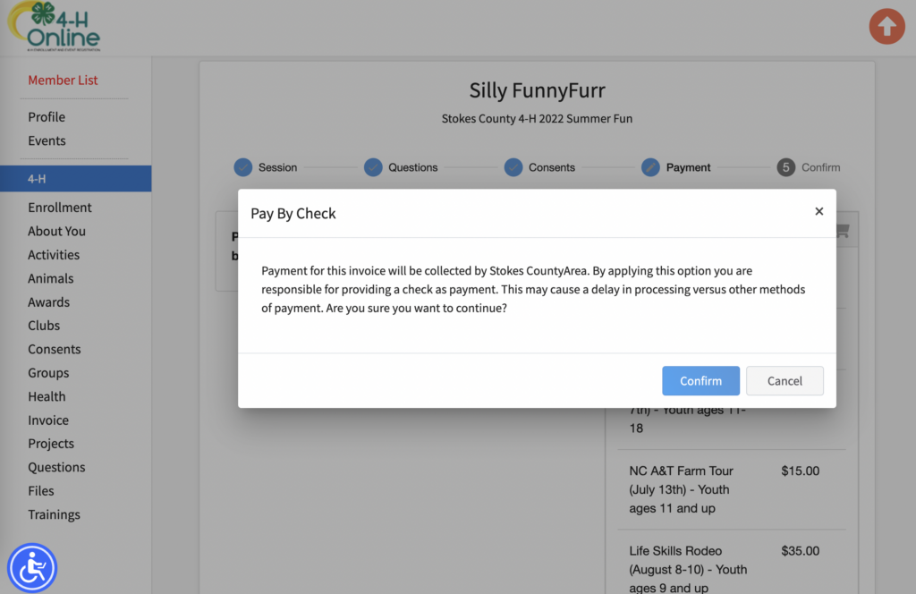 Pay by check confirmation modal.