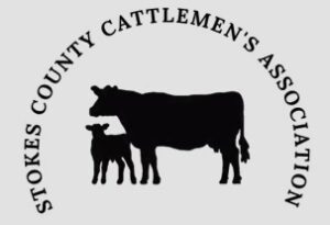 A black cow with a black calf in front of her under the words Stokes County Cattlemen's Association