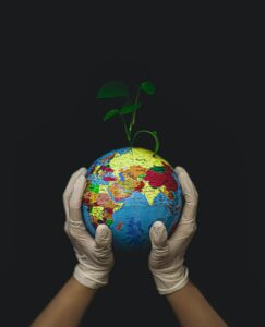 Globe in hands with plant