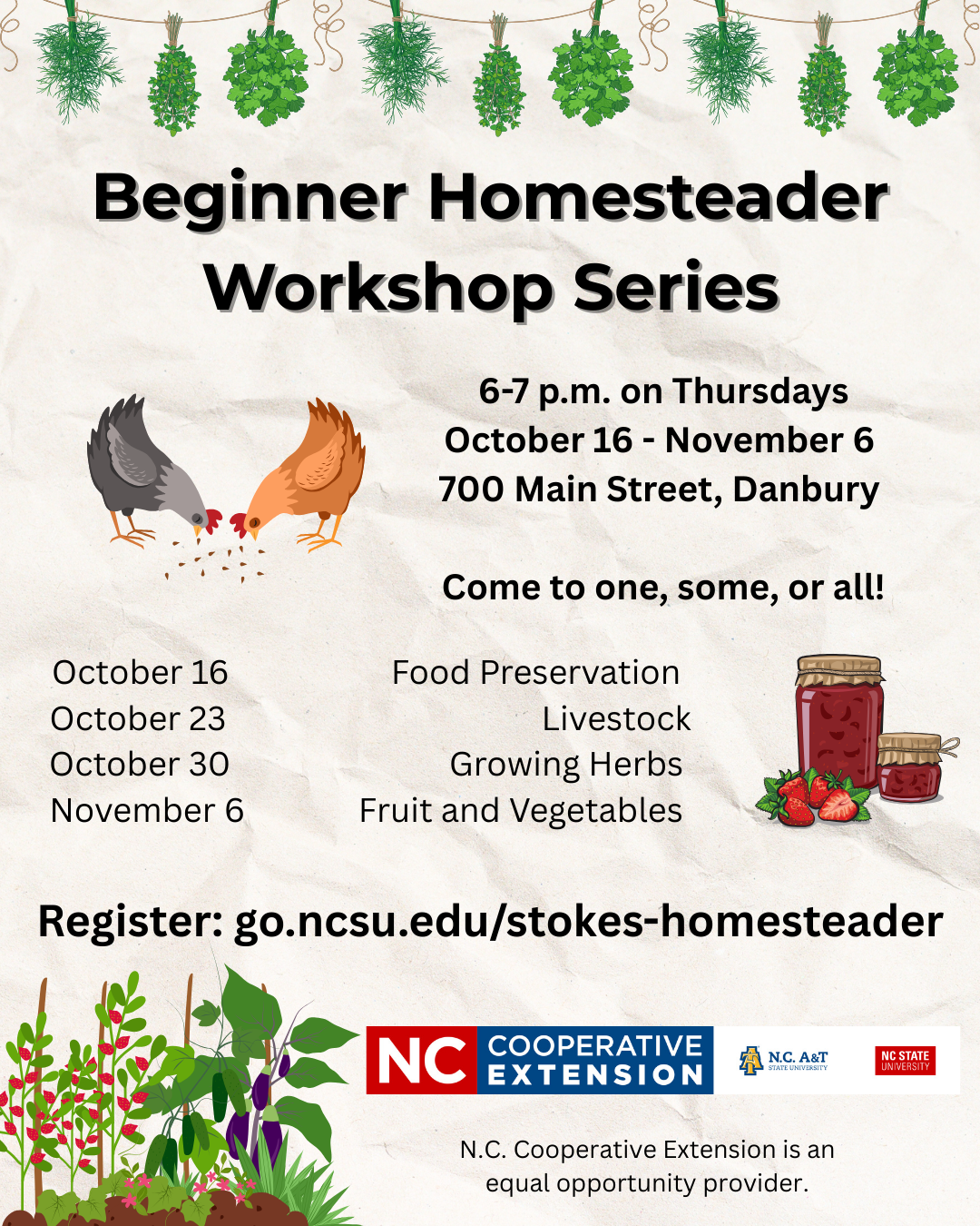 Chickens pecking at scratch grain, jars of jam, and tomatoes on a vine